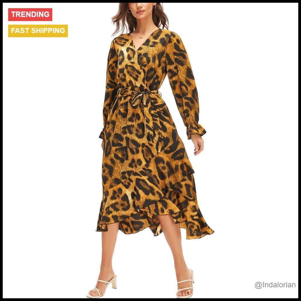 Floral Bohemian Maxi Dress Long Sleeve Wrap V Neck Ruffle Flowy Boho